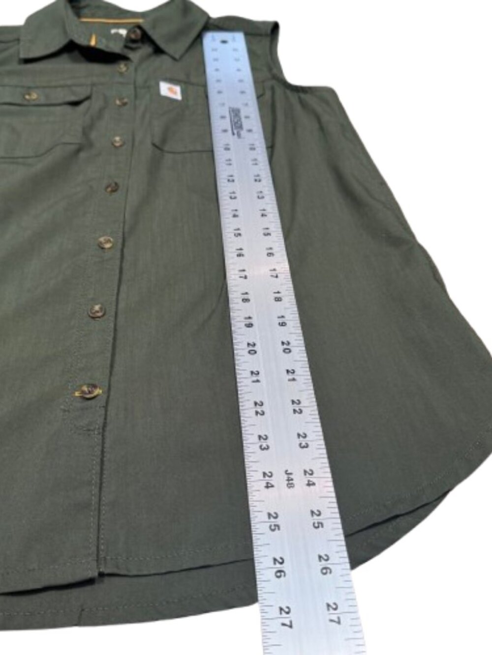 Carhartt Women’s Sleeveless Button Up Collared Green Gorpcore Granola Top (SZ M) - Picture 10 of 13